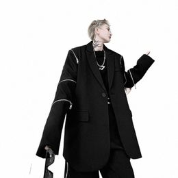 net Celebrity Zipper Sleeve Blazers Men Korean Streetwear Fi Loose Casual Hip Hop Balzer Suit Jacket Women Coat Outerwear w6Ne#