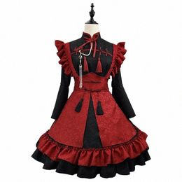 anime Red Black Chinese Relief Jacquard Lolita Maid Dr Cosplay Costume Girl Maid Dr Trending Party Costumes O92v#