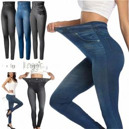 2024 Sexy Astic Imitati Jeans Leggings Women Stretch High Waist Pants Fitn Slim Push Up Leggings For Women Summer Breeches r1WC#