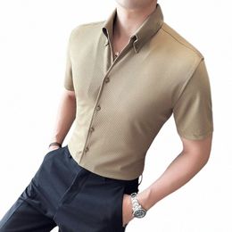 high Quality Men's Ice Silk Busin Social Clothing Shirt Men's Waffle V-neck Short Sleeve Shirt Men's Casual Slim Dr Shirt R46O#