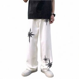 2023 Y2K Fi Star Embroidery White Baggy Jeans Pants Men Clothes Streetwear Straight Hip Hop Lg Trousers Pantali Uomo X06e#