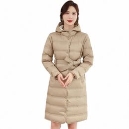 2023 Winter New Mid Length Down Jackets For Women's Hooded Waist Belt Slim Temperament Warm Coat Fi Ladies Office Overcoats z3Gd#