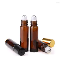 Storage Bottles 600pcs/lot 10ml Empty Amber Glass Essential Oil Roll On Bottle Vials With Black Gold Cap For Perfume