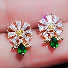 Dangle Earrings 2024 Small Daisy Temperament High-end Green Flower Shiny Zircon Simple Cold Wind High-quality