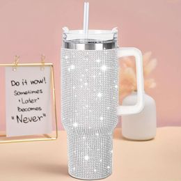 1pc 40oz Stainless Steel Tumbler Handle and Straw Reusable, Sparkly Gift for Women Modern Rhinestone Decor Cup with Flat Bottom - Hand Wash Only
