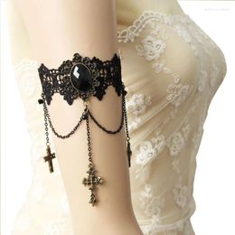 Charm Bracelets Handmade Womens Flower Black Lace Rhinestone Cross Drop Dangle Bronze Arm Band Armband Armlet Gothic Dance Vintage Fashion
