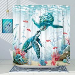 Blue Sea Turtle Shower Curtain Funny Ocean Animal Starfish Coral Tropical Fish Underwater Marine Life Curtains Bathroom Decor 240328