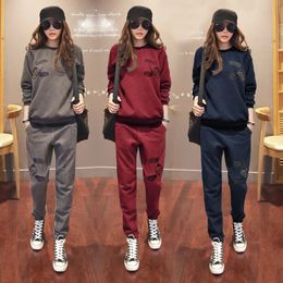 S6XL Womens Sportswear Tracksuits Spring Autumn Winter Casual Plus Velvet Thick Sweatshirt Suits Loose Pants Sets Female 240228