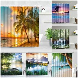 Dusk Sunset Beach Shower Curtains Tropical Ocean Palm Tree Forest Waterfall Nature Scenery Cloth Home Decor Bathroom Curtain Set 240328