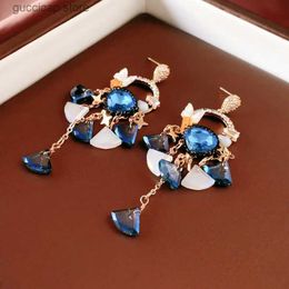 Charm Crystal Fan-shaped Tassel Earrings for Women Korean Fashion Vintage Rhinestone Drop Earrings Blue Red Luxury Designer Jewellery Y240328