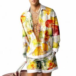 fr Pattern Hawaiian Shirt Set Men's Summer Breathable Top Two Piece Set Beach Shirt Two Piece Set Vintage Men's Clothing y0aV#
