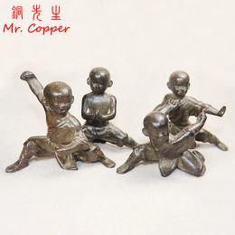 Miniatures 4pcs/Set Antique Bronze Kung Fu Shaolin Temple Young Monk Statue Martial Arts Figurine Desk Ornament Home Decoration Accessories