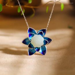 Chains 925 Sterling Silver Enamel Blue Lotus Flower Necklace Natural Hetian White Jade Pendant Fresh Classical Style Jewelry For Women