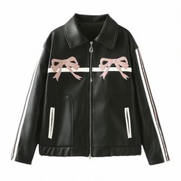 new women's sweet cool bow black leather jacket to show off your figure u7Z2#