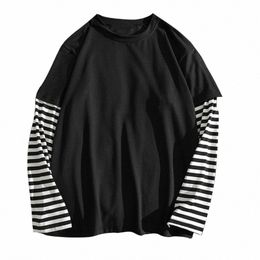 student T-Shirts Fake Two Piece Set Striped Lg Sleeve O Neck Simple Casual Spring Top Tee Shirts For Men School H537#