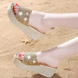 Slippers Lucyever Gold Silver Sequins Wedges for Women 2023 Summer Open Toe Platform Sandals Woman High Heels Slides Ladies 40 H240517