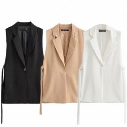 traf Sleevel Vests For Women Office Wear Lg Black Vest Woman Slit Casual White Khaki Waistcoat Women Butt Up New Jacket T76F#