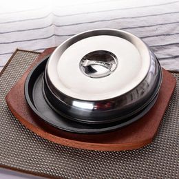 Plates Western Cover Barbecue Grill Plate Induction Pans Steak BBQ Dish Round Iron Metal Wooden Board Lid Stainless Steel Skillet