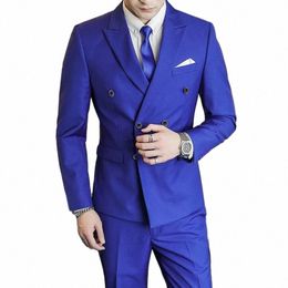 2023 Fi New Men's Casual Busin Double Breasted 2 Pcs Suit Set / Male Slim Solid Colour Wedding Blazers Jacket Pants Coat Z0gj#