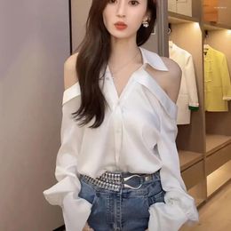 Women's Blouses 2024Korean Elegant Ladies Tops Shoulderless Solid Colour Shirts Hollow Long Sleeves Summer Loose Women White Blusas Mujer