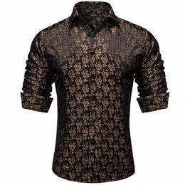 dibangu Luxury Gold Floral Black Silk Lg Sleeve Shirts For Men Designer Casual Tuxedo Shirts Men Clothing Blouse m243#