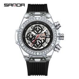 Sanda 7040 New Quartz Six Needle Fashionable Hollow Out Calendar Night Glow Transparent Case Men's Watch