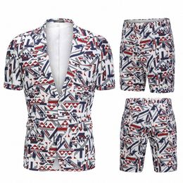 hawaii Short Sleeve Men Suit 2pcs Sea Printing Blazers+Shorts Set Slim Fit Plus Size Safari Suit Male Costume Beach Summer Style y84L#