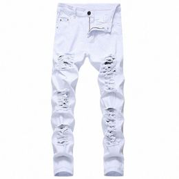 fi Designer Casual White Black Ripped Jeans For Men Straight Slim Fit Stretch Denim Pants Man Jogging Trousers Large Size 63Ex#