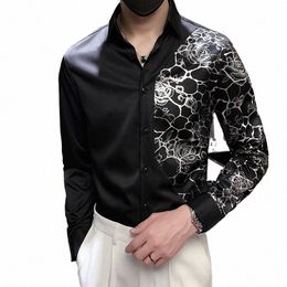 2023 Autumn Spliced Floral Shirt for Men High-quality Lg Sleeve Casual Shirts Slim Fit Busin Social Party Tuxedo Blouse N9nQ#