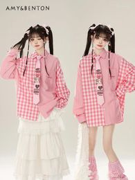 Women's Blouses American Retro Pink Plaid Shirt Y2K Loose Slim Contrast Colour Blouse Women Spring And Summer Sweet Cute Oversized Camisas