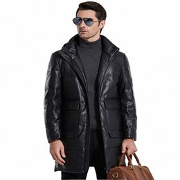 winter Faux Leather Men's Down Jacket Hooded Lg Sleeve Cardigan Zipper Pockets Black Solid Thick Vogue Casual Down Jacket W2Fo#