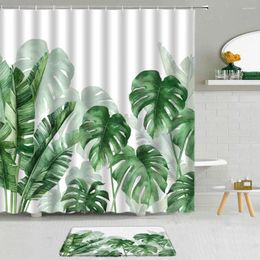 Shower Curtains Botanical Curtain Greenery Palm Leave Watercolor Summer Cactus Tropical Plant Flower Non-Slip Bath Mat Bathroom Set Decor