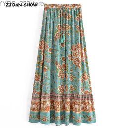 Skirts Skorts 2021 Bohemia Floral Print Long Skirt Spliced Ruched Ruffle Hem Hippie Women Tassel Bow Adjust Waist Swing Holiday Beach yq240328