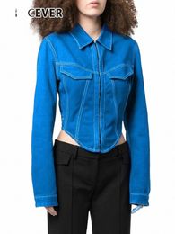 chicever Irregular Hem Solid Jackets For Women Lapel Lg Sleeve Patchwork Pockets Vintage Casual Autumn Denim Coats Female New E93k#