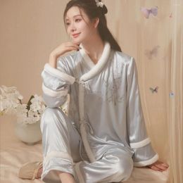 Ethnic Clothing 2024 Coral Velvet Thicked Sleepwear Women Autumn And Winter Chinese Retro Style Long Sleeve Hanfu Home Suit Pajamas Set W113