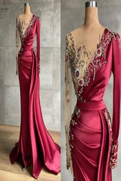 Elegant Burgundy Satin Prom Dresses Crystals Long Sleeve Mermaid Evening Formal Oarty Gown Dress 2022 Sexy Illusion Soft Tulle Bac4931583