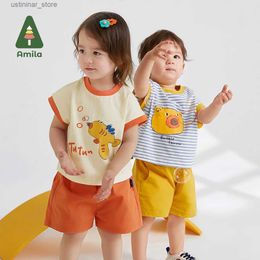 T-shirts Amila Baby Set 2023 Summer New Cute Cartoon Print T-shirt + Shorts 2 Piece Sets Breathable Casual Children Boys Girls Clothes24328