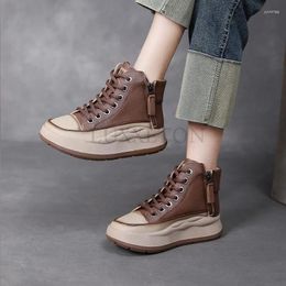 Casual Shoes Genuine Leather Thick Soled Round Toe High Top Zippered Board Comfortable Breathable Fashionable Versatile