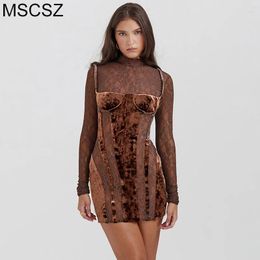 Casual Dresses Velvet And Lace Mini Dress Mock Neck Long Sleeve Bodycon Vintage Short Party For Women