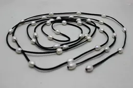 Chains Handmade 60INCH Black Leather Long Necklace 36beads White Freshwater Pearl 10x12mm Fashion Jewelry