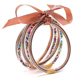 Glitter Jelly Bangles Multicolor Silicone Bracelets Set Ribbon Bowknot Powder Decor Fashion Friendship Circle Wristlets 5pcs Q0719242F