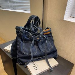 Factory wholesale ladies shoulder bags 3 Colours street trend denim tote bag large-capacity wear-resistant canvas handbag simple letter embroidered backpack 12886