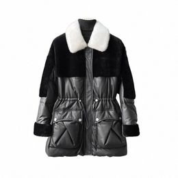 fi Patchwork Real Sheepskin Women Puffer Jackets Mink Fur Collar Large Pockets Thick Warm Loose Winter Coat Parkas E35K#