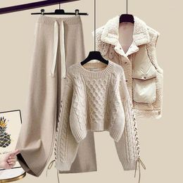 Women's Two Piece Pants Plus Size Women Spring Autumn Set Thickened Tank Top Knitted Sweater High Waist Wide Leg Trousers Casual Three