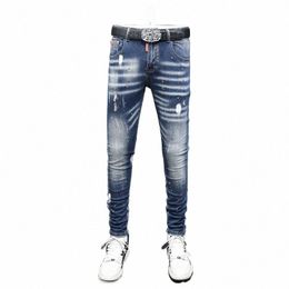 fi Streetwear Men Jeans Retro Blue Elastic Slim Fit Embroidery Ripped Jeans Men Painted Designer Hip Hop Denim Pants Hombre n46M#