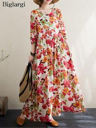 Casual Dresses Long Sleeve Oversized Flower Floral Print Modis Loose Pleated Dress Women Pullover A-Line Ladies Woman