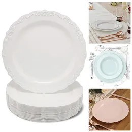Disposable Dinnerware 1PC French Colourful Hard Plastic Pink Plates Lace Disc Dinner Party Dessert Kitchen Tableware Supplies