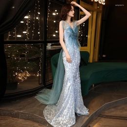 Ethnic Clothing Women Sparkly Stylish Banquet Sky Blue Chinese Prom Dresses Sexy Fishtail Evening Party Dress Trailing Sequins Robe De Feata