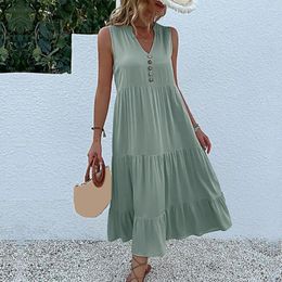 Casual Dresses Mid-length Dress Women Summer Elegant V Neck Midi With Button Decor A-line Hem For Soft Flowy Vacation Beach