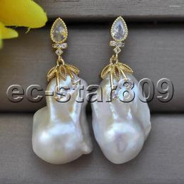 Dangle Earrings Z11137 A 28mm White Baroque Reborn Keshi Pearl Earring CZ